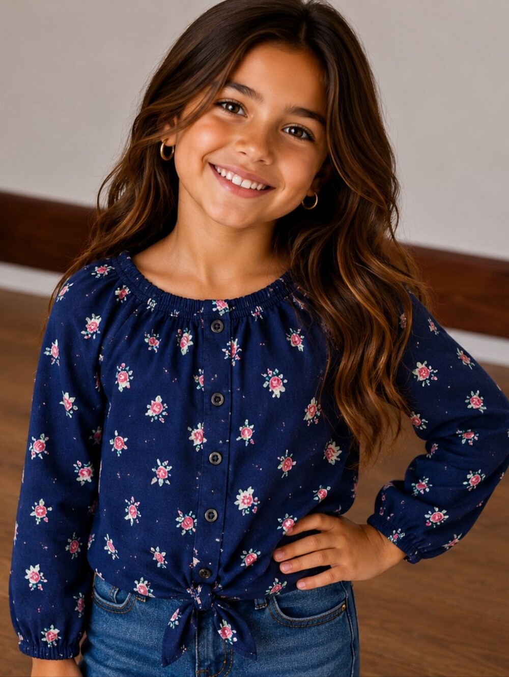 Girls Medium Navy Floral Blouse